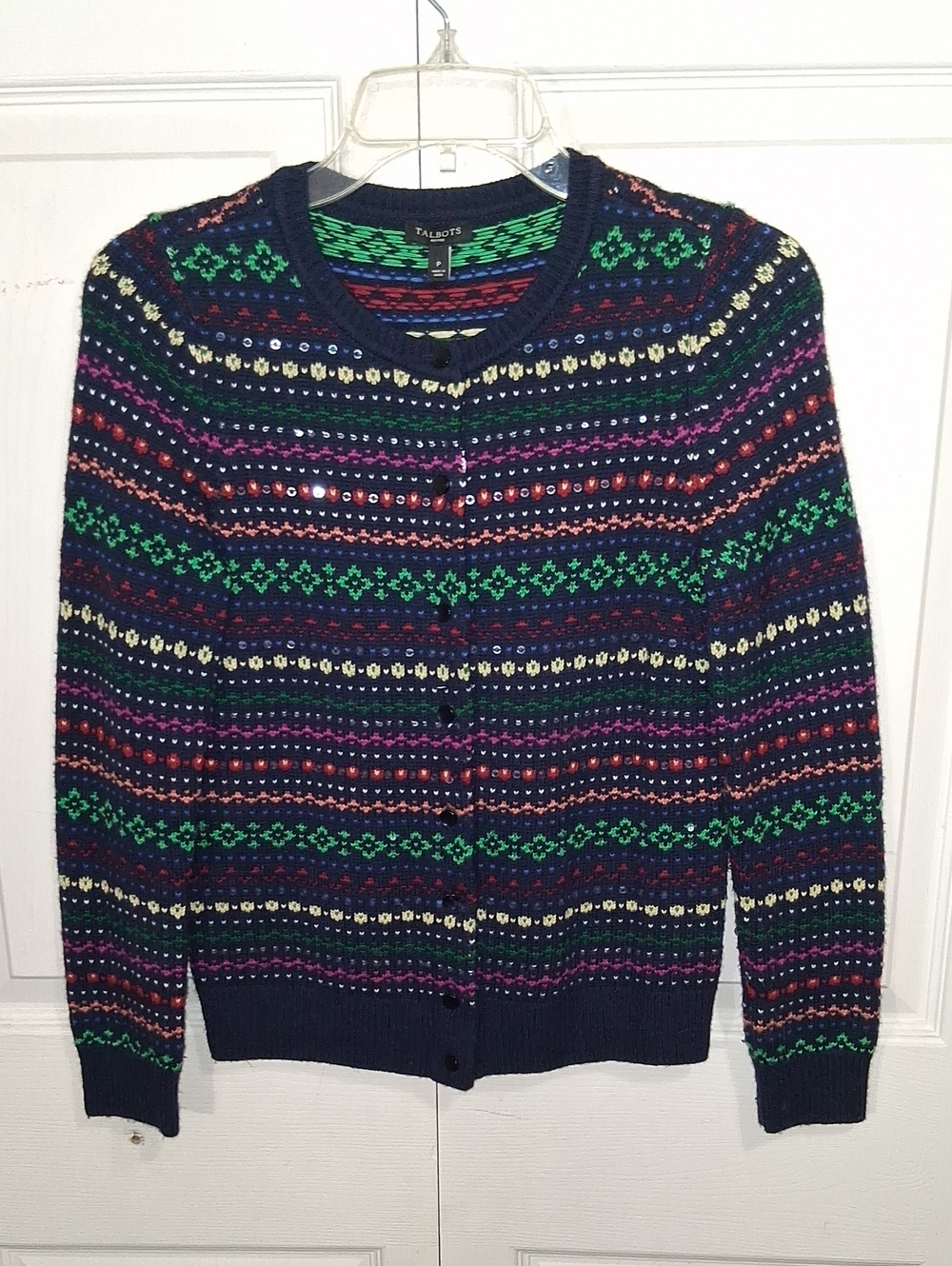 Talbots Fair Isle Button-Front Cardigan - Navy Green Pink Red - SP